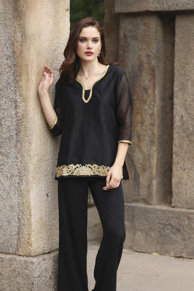 Beaded cotton and silk tunic, Midnight Jewels