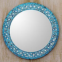 Glass mosaic wall mirror, 'Turquoise Blossom' - Round Turquoise Glass Mosaic Tile Mirror with Flower Motif
