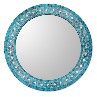 Glass mosaic wall mirror, 'Turquoise Blossom' - Round Turquoise Glass Mosaic Tile Mirror with Flower Motif