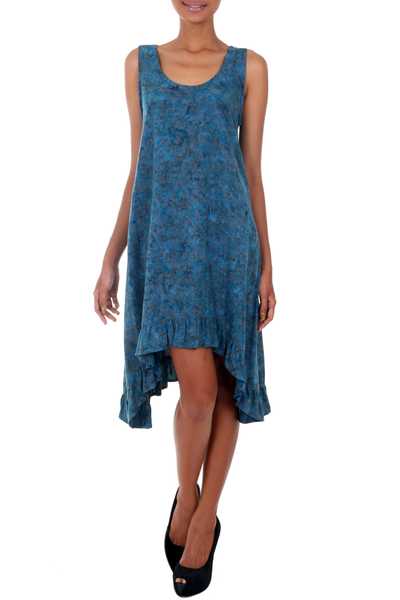 Rayon-Batikkleid - Blaugrüne und braune Blumen mit Batikdruck auf Rayon-Sommerkleid