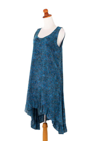 Rayon-Batikkleid - Blaugrüne und braune Blumen mit Batikdruck auf Rayon-Sommerkleid
