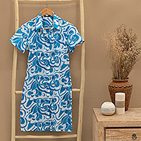 Camisa larga de algodón, 'Balinese Shadow' - Camisa larga / mini vestido con estampado de algodón batik único