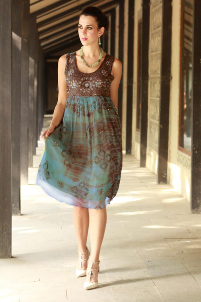 Beaded dress, 'Shibori Chic' - Shibori-Dyed Green and Brown Embellished Dress with Sequins