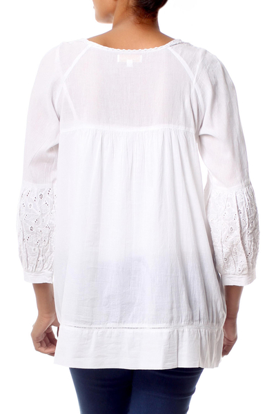 Cotton  blouse, 'Romantic White' - Hand Made Indian Floral Cotton Embroidered Tunic Top