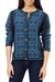 100% alpaca sweater, 'Blue Andean Poinsettia' - Handcrafted Floral Alpaca Wool Art Knit Cardigan thumbail
