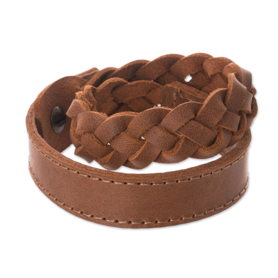 Leather braided wristband bracelet, 'Elegant Lasso in Sepia' - Leather Braided Wristband Bracelet in Sepia from Peru