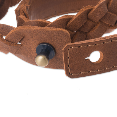 Leather braided wristband bracelet, 'Elegant Lasso in Sepia' - Leather Braided Wristband Bracelet in Sepia from Peru
