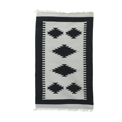 Wool dhurrie rug, 'Geometric Palace' (3x5) - 3x5 Wool Dhurrie in Black and Pearl Grey from India