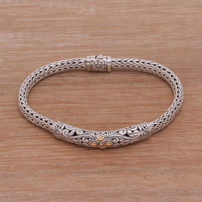 Gold accent sterling silver pendant bracelet, 'Elegant Braid' - Gold Accent Sterling Silver Pendant Wristband Bracelet
