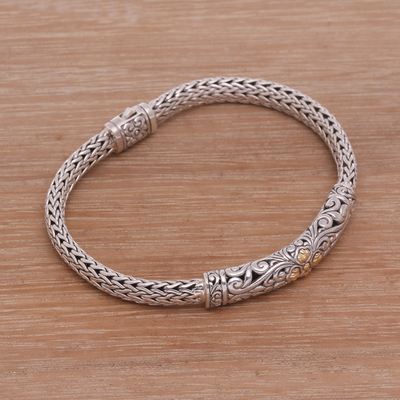 Gold accent sterling silver pendant bracelet, 'Elegant Braid' - Gold Accent Sterling Silver Pendant Wristband Bracelet