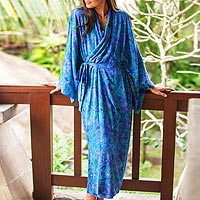 Batik rayon robe, 'Mystery Grove' - Blue and Green Batik Leaf Long Sleeved Rayon Robe with Belt