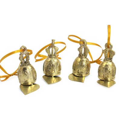 Brass ornaments, 'Buddhist Bells' (4 inch, set of 4) - Set of 4 Brass Ornaments Crafted by Hand (4 Inch)
