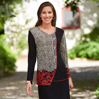 Rayon knit top, 'Manjaa Weave' - Indian Manjaa Collage Shirt