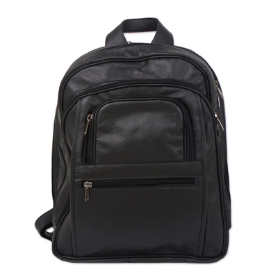 Leather backpack, 'Studious Traveler in Black' - Handcrafted Leather Backpack in Black from Brazil