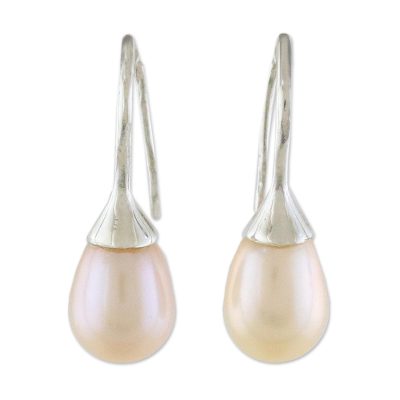 Pearl drop earrings, 'Rosy Bud' - Thai Bridal Sterling Silver Pearl Drop Earrings