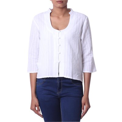 Cropped cotton blouse, 'White Queen' - White Cotton Cropped Blouse from India
