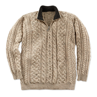 Men's wool sweater, 'Galway Pride' - Men's Irish Aran Quarter-zip Pullover