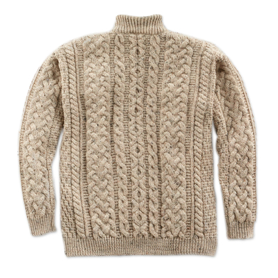 Men's wool sweater, 'Galway Pride' - Men's Irish Aran Quarter-zip Pullover