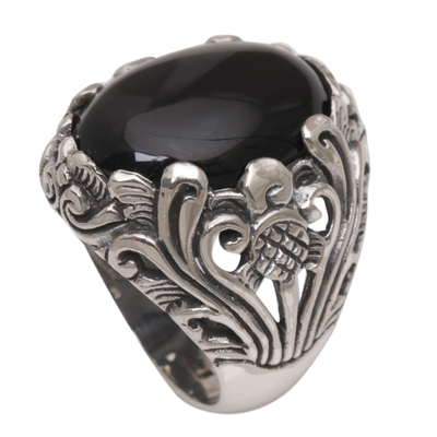 Hand Crafted Floral Sterling Silver Onyx Cocktail Ring