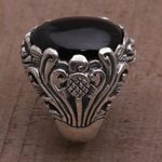 Onyx cocktail ring, 'Night Bloom' - Hand Crafted Floral Sterling Silver Onyx Cocktail Ring