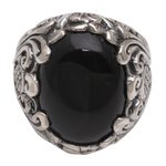 Onyx cocktail ring, 'Night Bloom' - Hand Crafted Floral Sterling Silver Onyx Cocktail Ring