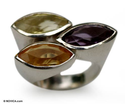 Amethyst and citrine 3 stone ring, 'Trilogy' - Amethyst and citrine 3 stone ring