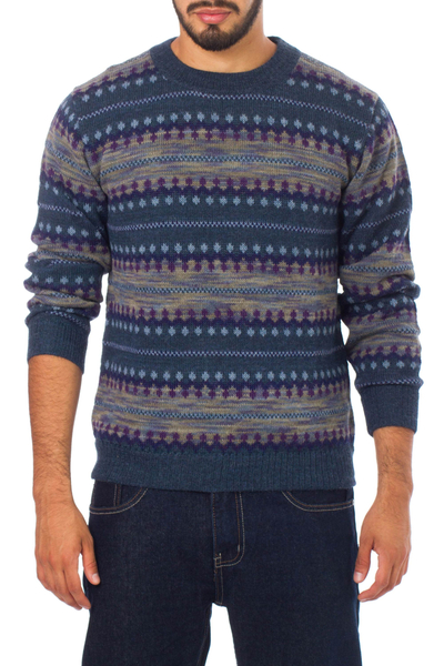 Men's 100% alpaca sweater, 'Cajamarca Blues' - Men's Patterned Andean 100% Alpaca Sweater in Shades of Blue