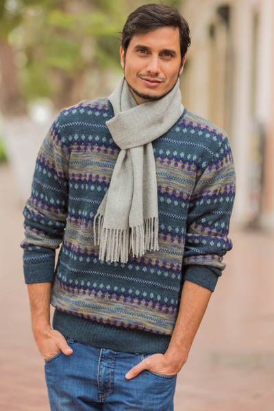 Men's 100% alpaca sweater, 'Cajamarca Blues' - Men's Patterned Andean 100% Alpaca Sweater in Shades of Blue