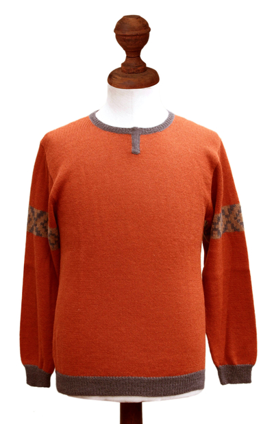 Men's 100% alpaca sweater, 'Chakana Wanderer' - Orange Alpaca Pullover Sweater for Men