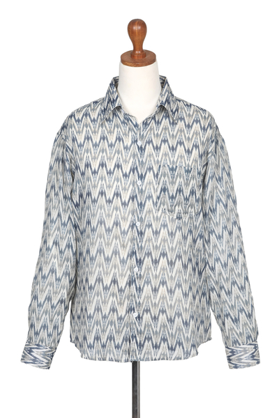 Men's cotton long sleeve shirt 'Ikat Stories' - India Ikat Print Blue Cotton Men's Shirt with Long Sleeves