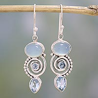 Blue topaz and chalcedony dangle earrings, 'Sentimental Journey' - Blue Topaz and Chalcedony Dangle Earrings from India