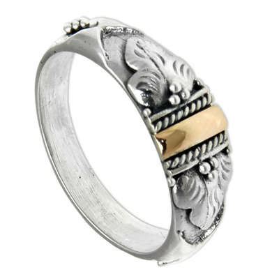 Gold accent band ring, 'Frangipani Aura' - Handmade Silver and 18k Gold Ring