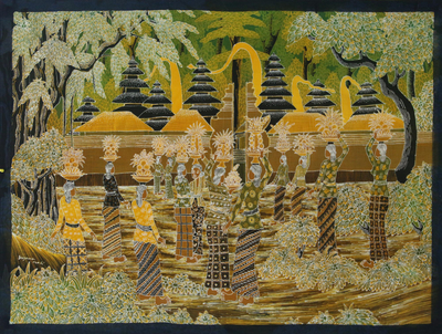 Batik painting, 'Temple Offerings' - Signed Batik Painting of a Religious Scene from Bali