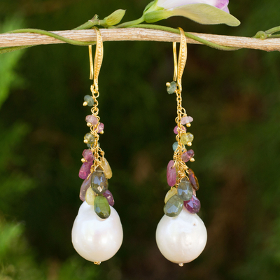 Gold plated cultured pearl and tourmaline dangle earrings, Thai Vineyard