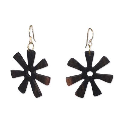 Ebony dangle earrings, 'Fofoo Flower' - Ebony Wood Adinkra Flower Dangle Earrings from Ghana