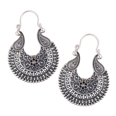 Sterling silver hoop earrings, 'Paisley Delight' - Oxidized Sterling Silver Paisley Motif Hoop Earrings