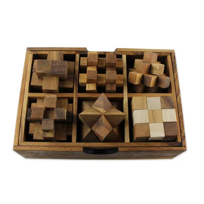 Wood puzzles, 'Puzzle Set' (set of 6) - Handcrafted Set of Six Wooden Puzzles from Thailand