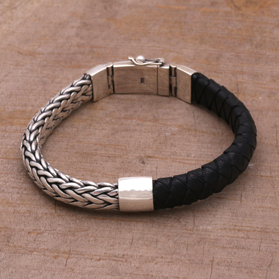 Leather and sterling silver wristband bracelet, 'Bali Valor' - Leather Accent Sterling Silver Wristband Bracelet from Bali