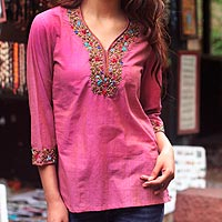 Cotton blouse, 'Rose Floral' - Floral Embroidery Cotton Tunic Top