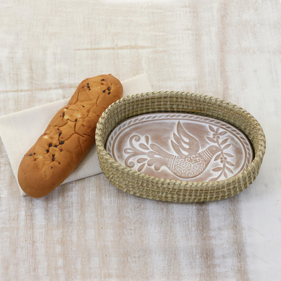 Bread warmer basket, 'Messenger of Peace' - Dove Theme Handwoven Palm Basket with Ceramic Bread Warmer