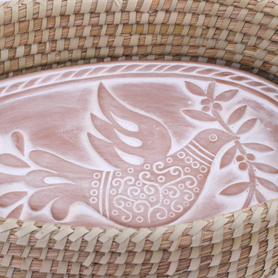 Bread warmer basket, 'Messenger of Peace' - Dove Theme Handwoven Palm Basket with Ceramic Bread Warmer