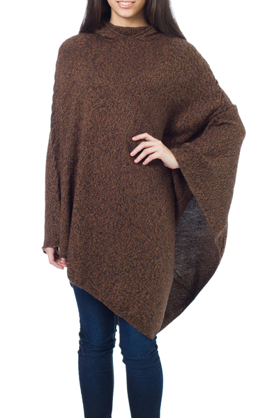 Alpaca poncho, 'Cozy Earth' - Alpaca Wool Solid Hooded Poncho