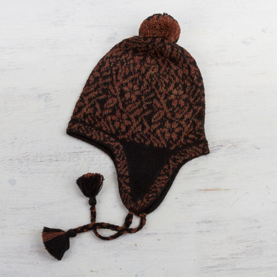 100% alpaca chullo hat, 'Floral Andes' - Alpaca Knit Floral Chullo Hat in Black and Brick from Peru