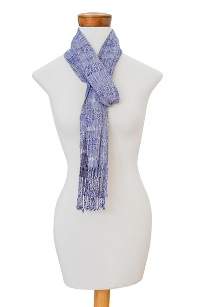 Rayon scarf, 'Jacaranda Flower' - Handwoven Rayon Scarf in Lapis and Snow White from Guatemala