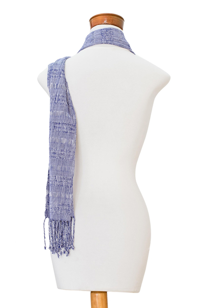 Rayon scarf, 'Jacaranda Flower' - Handwoven Rayon Scarf in Lapis and Snow White from Guatemala