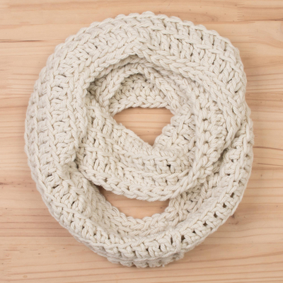 Wool infinity scarf, 'Antique White Winter' - Hand-Crocheted Wool Antique White Infinity Scarf from Peru