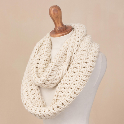 Wool infinity scarf, 'Antique White Winter' - Hand-Crocheted Wool Antique White Infinity Scarf from Peru