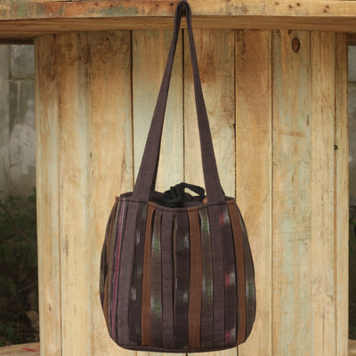 Cotton shoulder bag, 'Oriental Dark Brown' - Ikat Style Hand Woven Cotton Shoulder Bag with Pockets