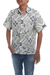 Men's cotton batik shirt, 'Island Batik' - Men's Blue & White Short Sleeve Cotton Batik Button Shirt (image 2c) thumbail