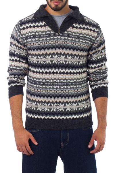Men's 100% alpaca sweater, 'Huascaran Explorer' - Grey and Ivory Men's Alpaca Sweater with a Zipper Turtleneck